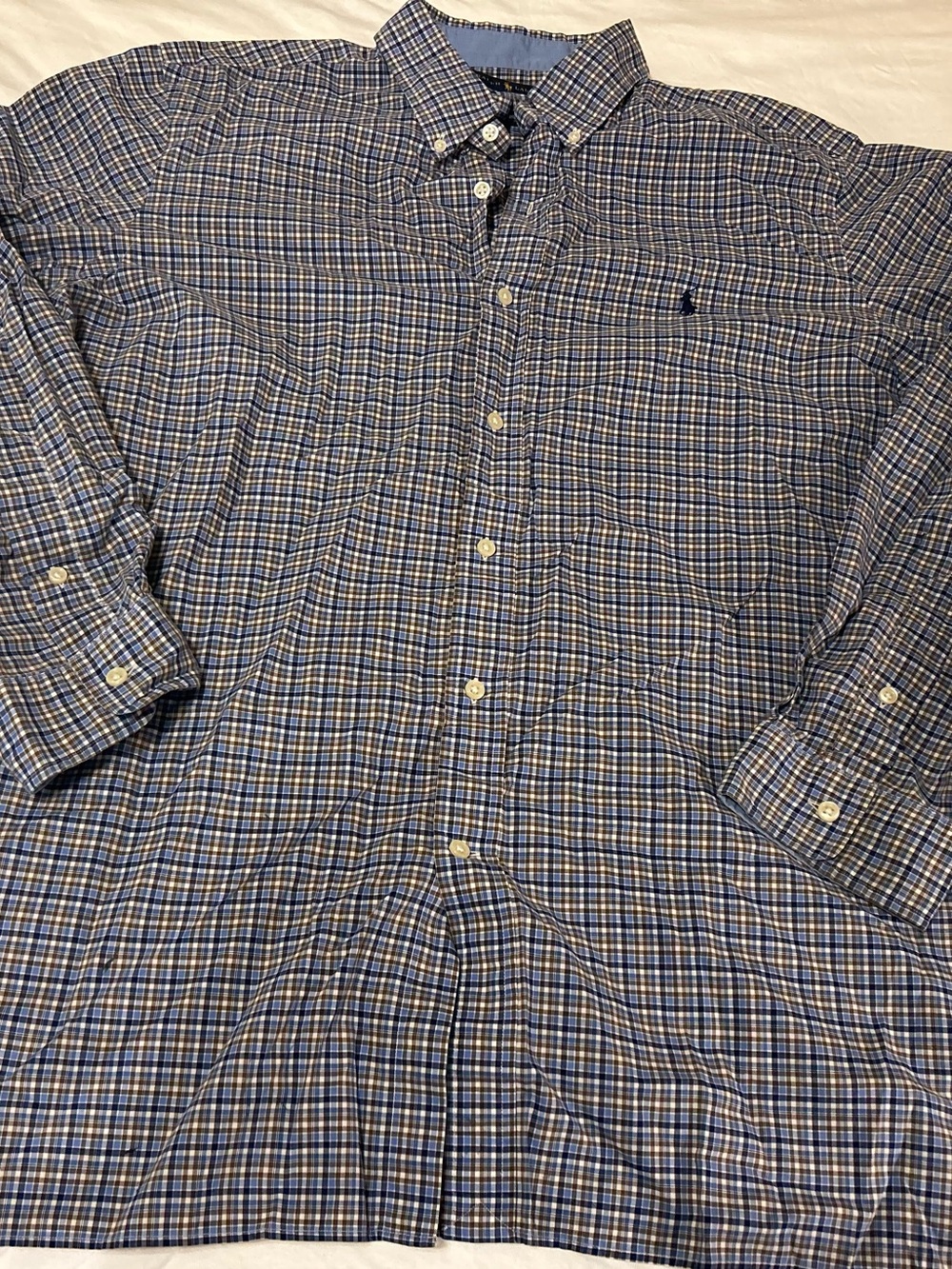 Ralph Lauren Men’s Plaid Long Sleeve Button Down Shirt Blue Brown White Pony